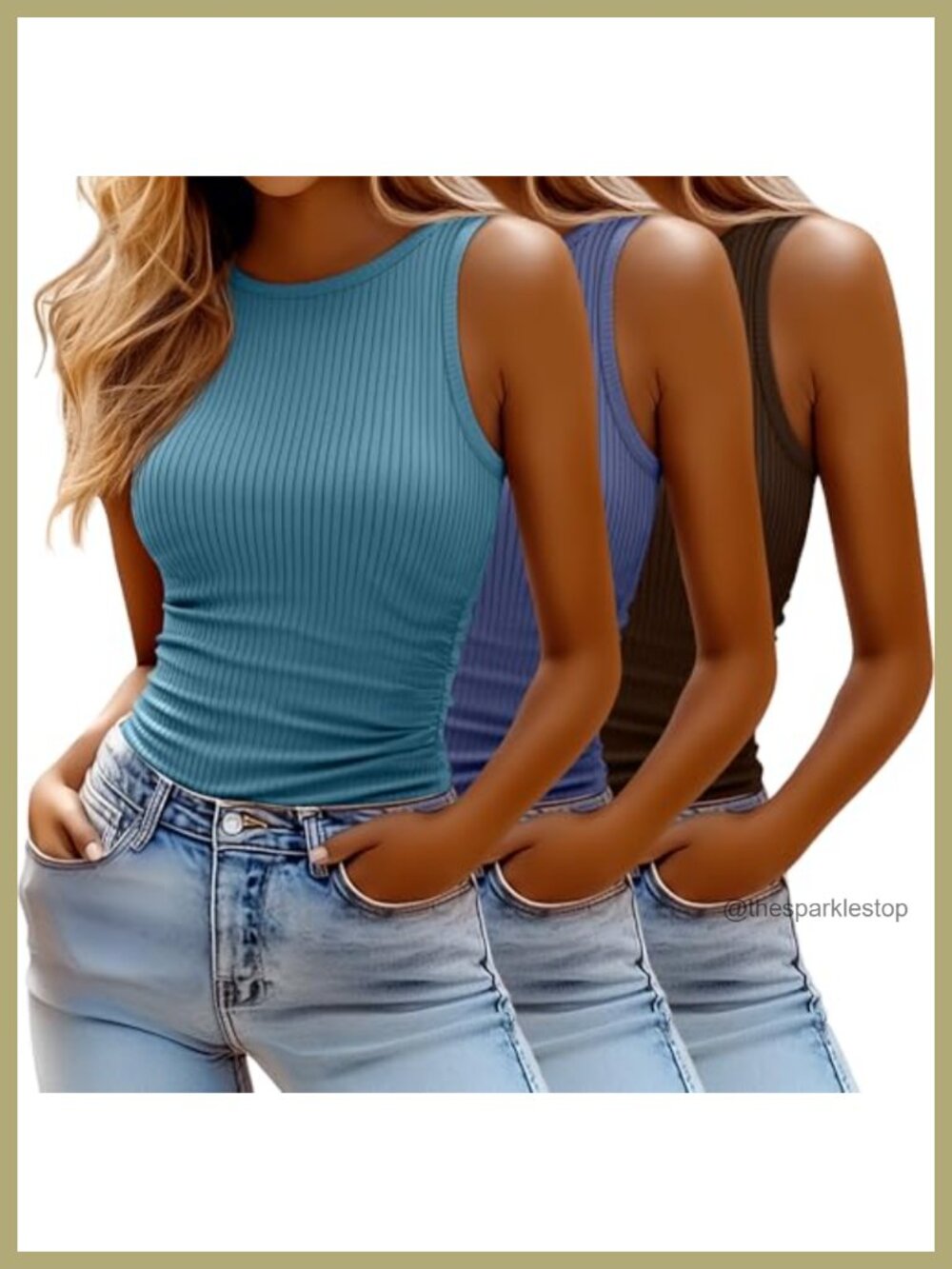 3 Pack Ribbed Tank Tops for Women Racerback Ruching Slim Fit Stretchy